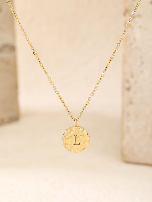 Minimalist Gold Hammered Initial Coin Pendant Necklace