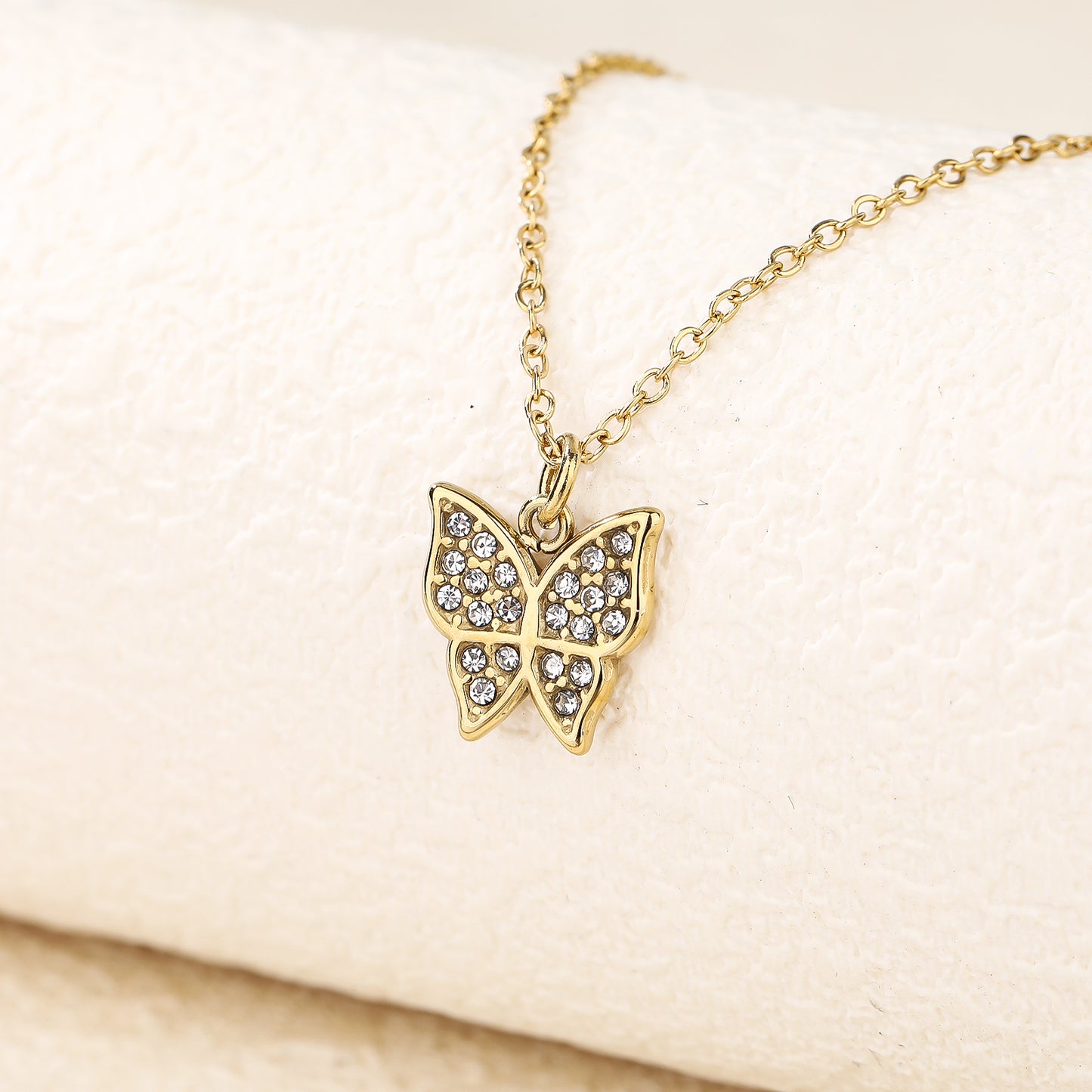 Dainty Pave Crystal Butterfly Pendant Gold Necklace