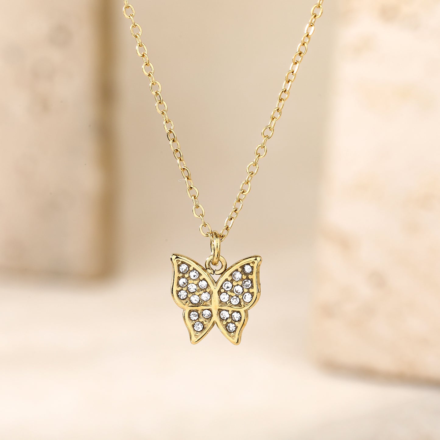 Dainty Pave Crystal Butterfly Pendant Gold Necklace