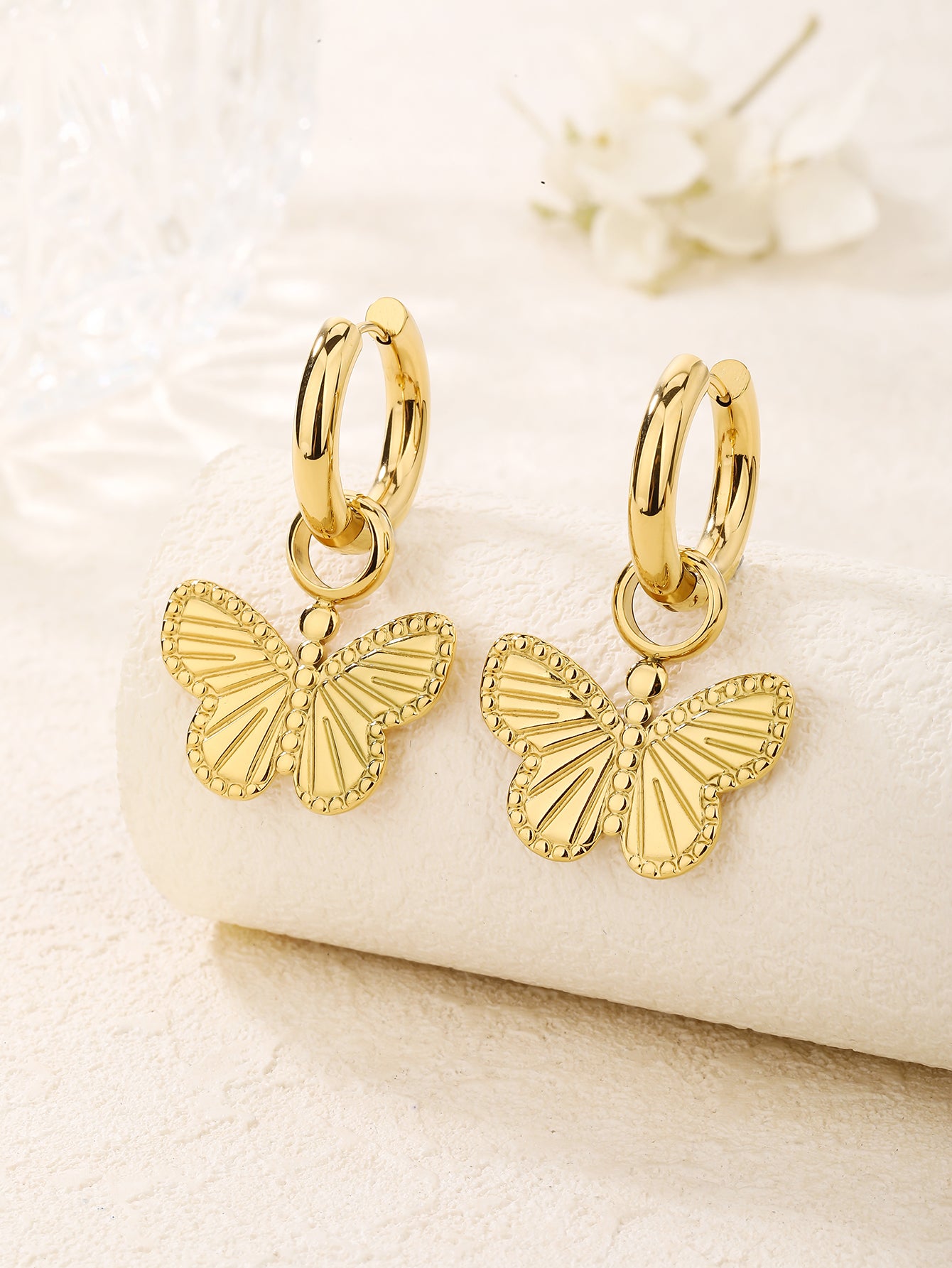 Chunky Gold Textured Butterfly Charm Hoop Earrings