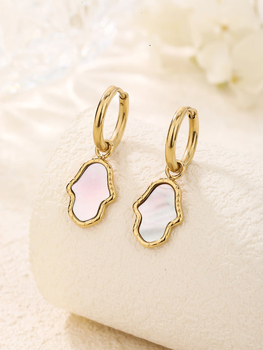 Gold Mother of Pearl Hamsa Drop Huggie Earrings