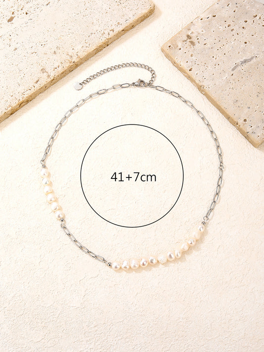 Paper Clip Barque Pearl Choker Necklace