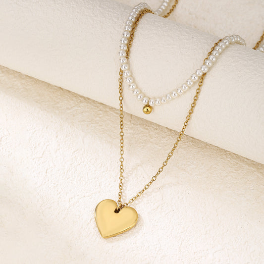 Layered Pearl Heart Pendant Necklaces