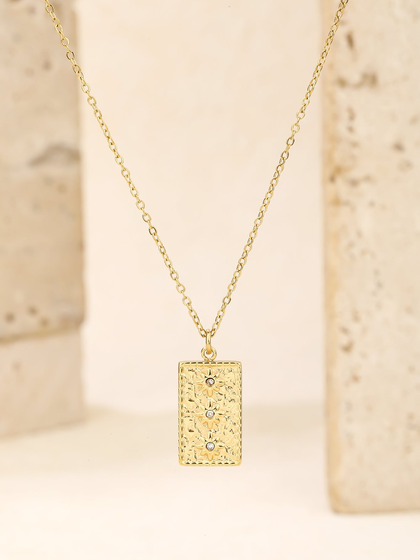 18K Gold Plated Textured Starburst Rectangle Pendant Necklace