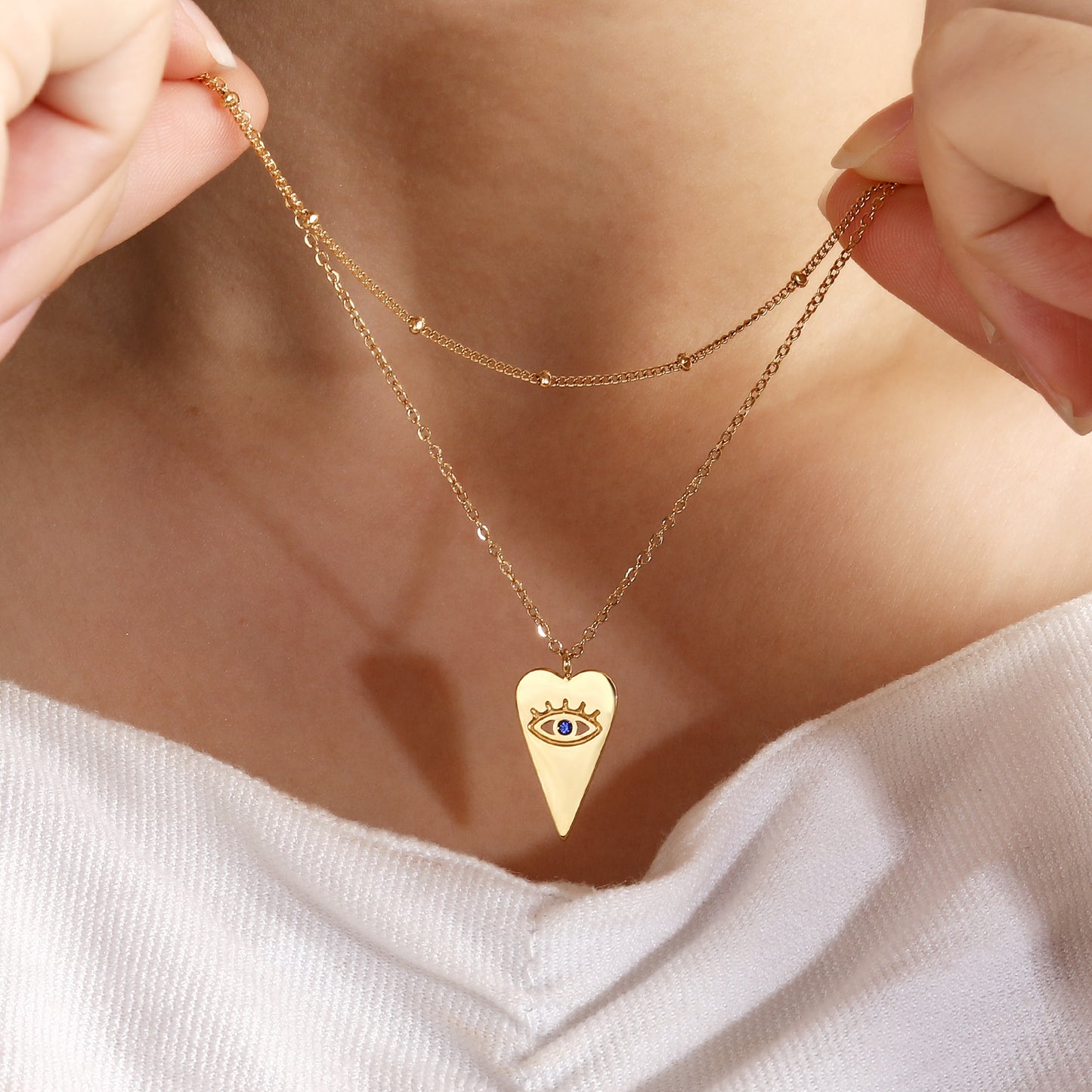 Layered Bead Evil EyeHeart Pendant Necklaces