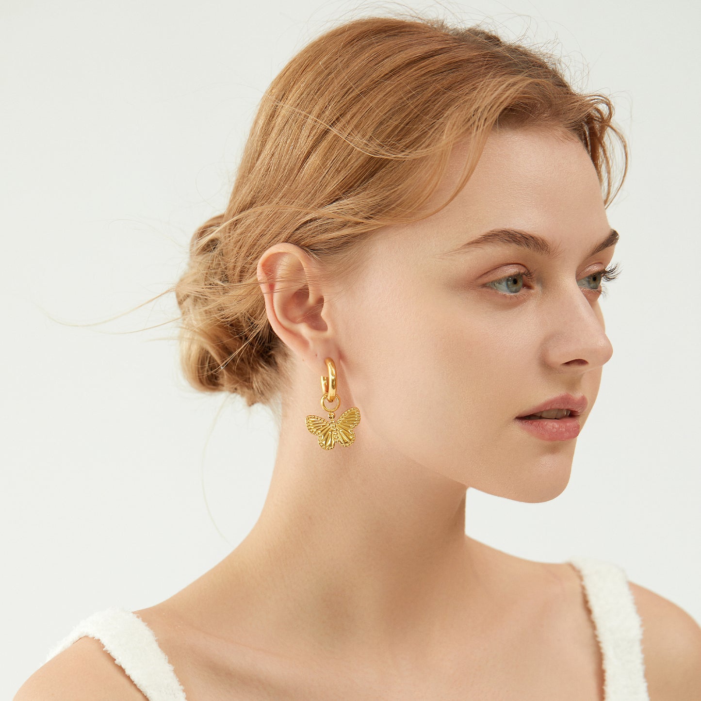 Chunky Gold Textured Butterfly Charm Hoop Earrings