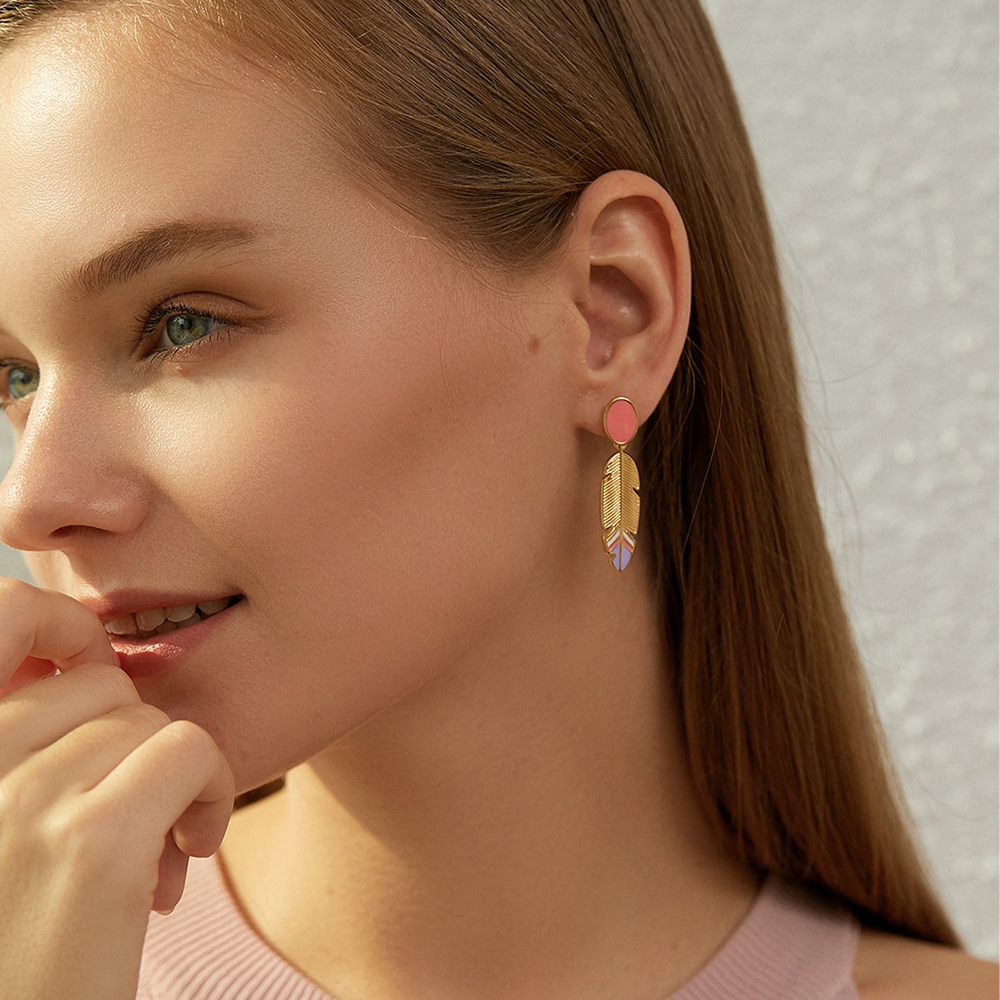 Boho Gold Pastel Enamel Feather Drop Earrings