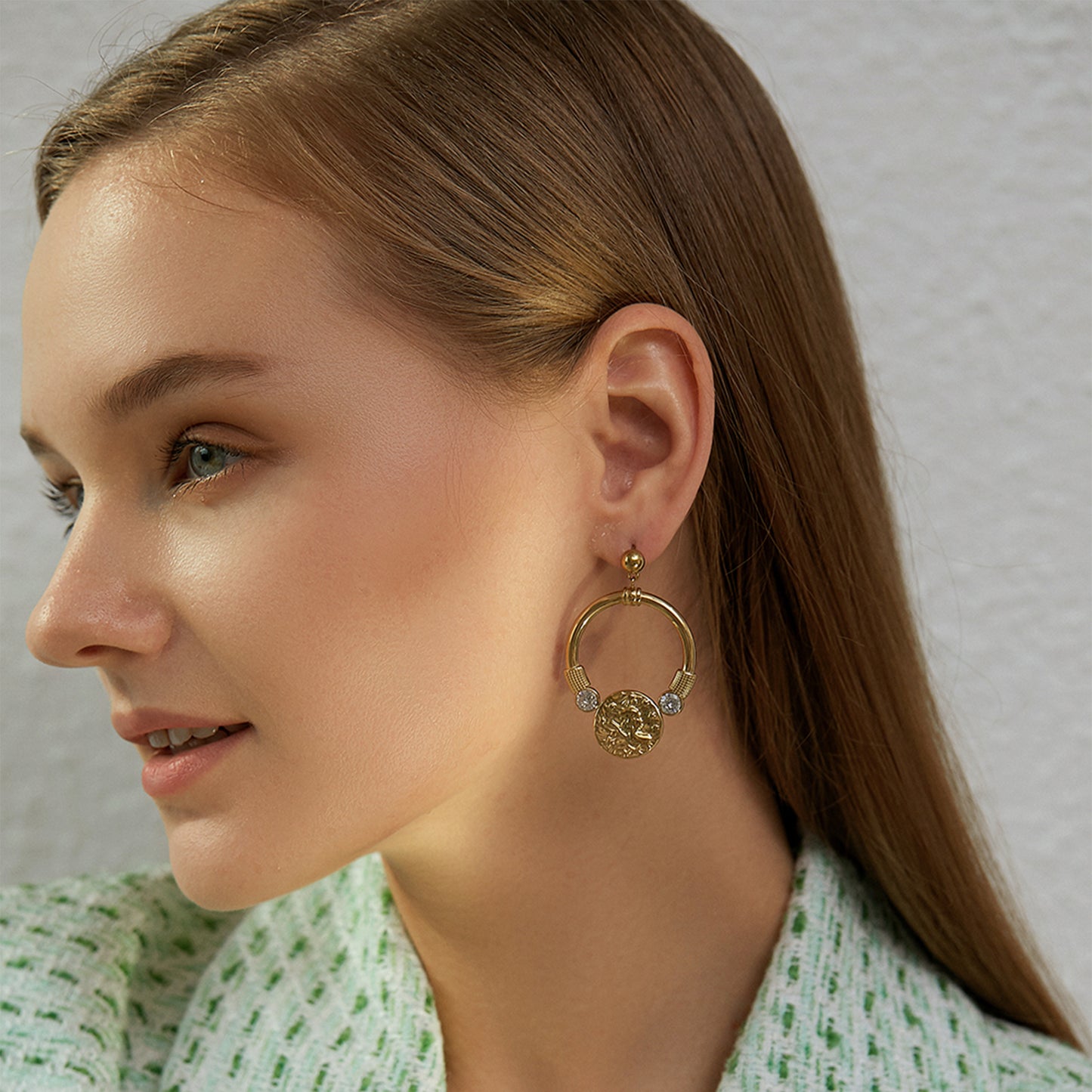 Embossed Gold Medallion Crystal Hoop Drop Earrings