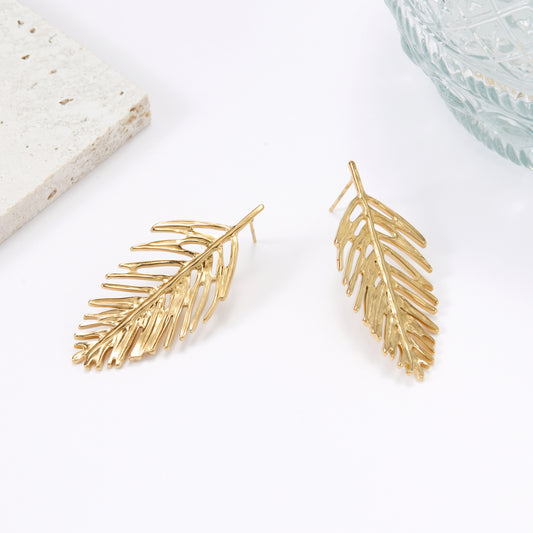 Large Gold Tropical Palm Leaf Stud Earrings