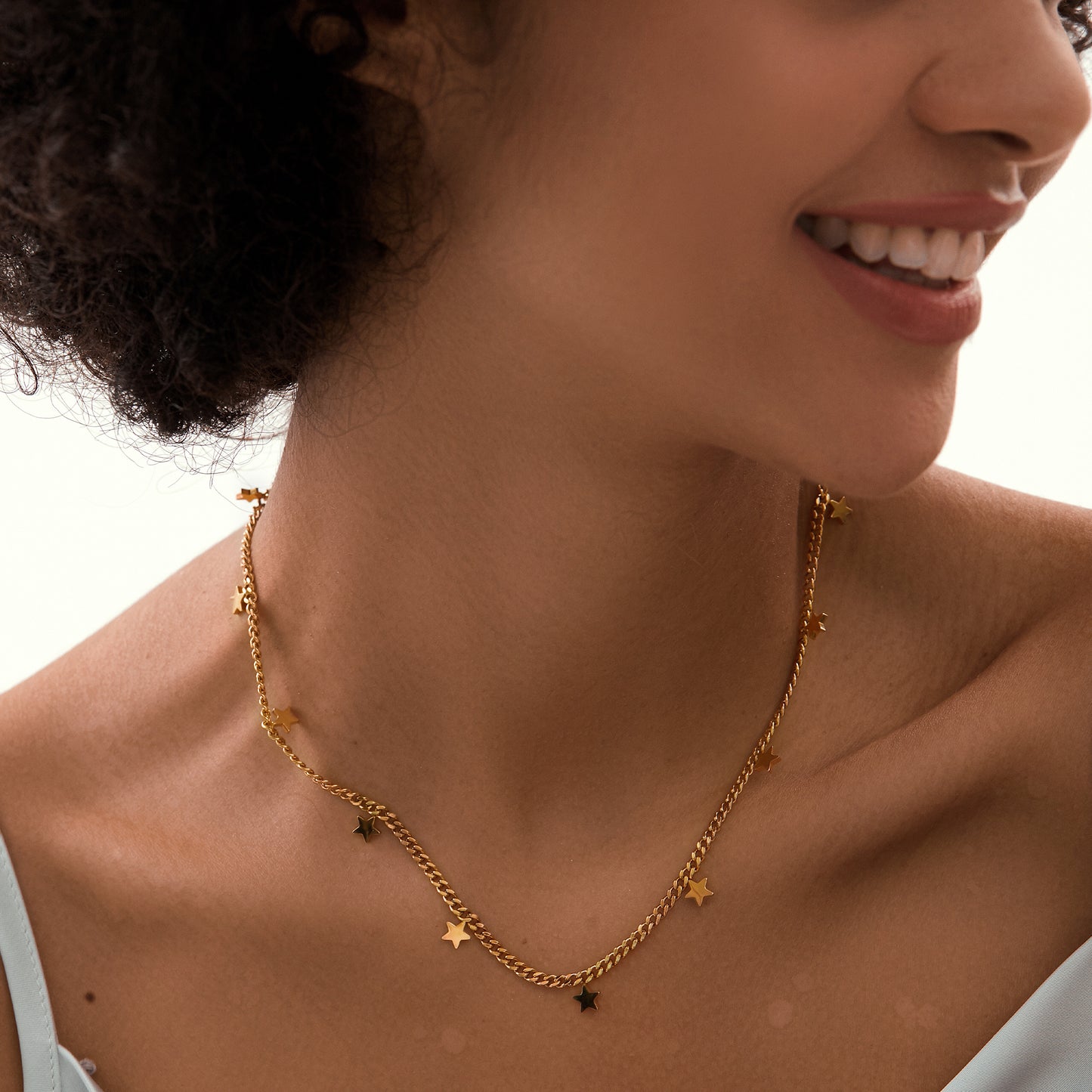 Celestial Gold Star Charm Layering Curb Chain Necklace