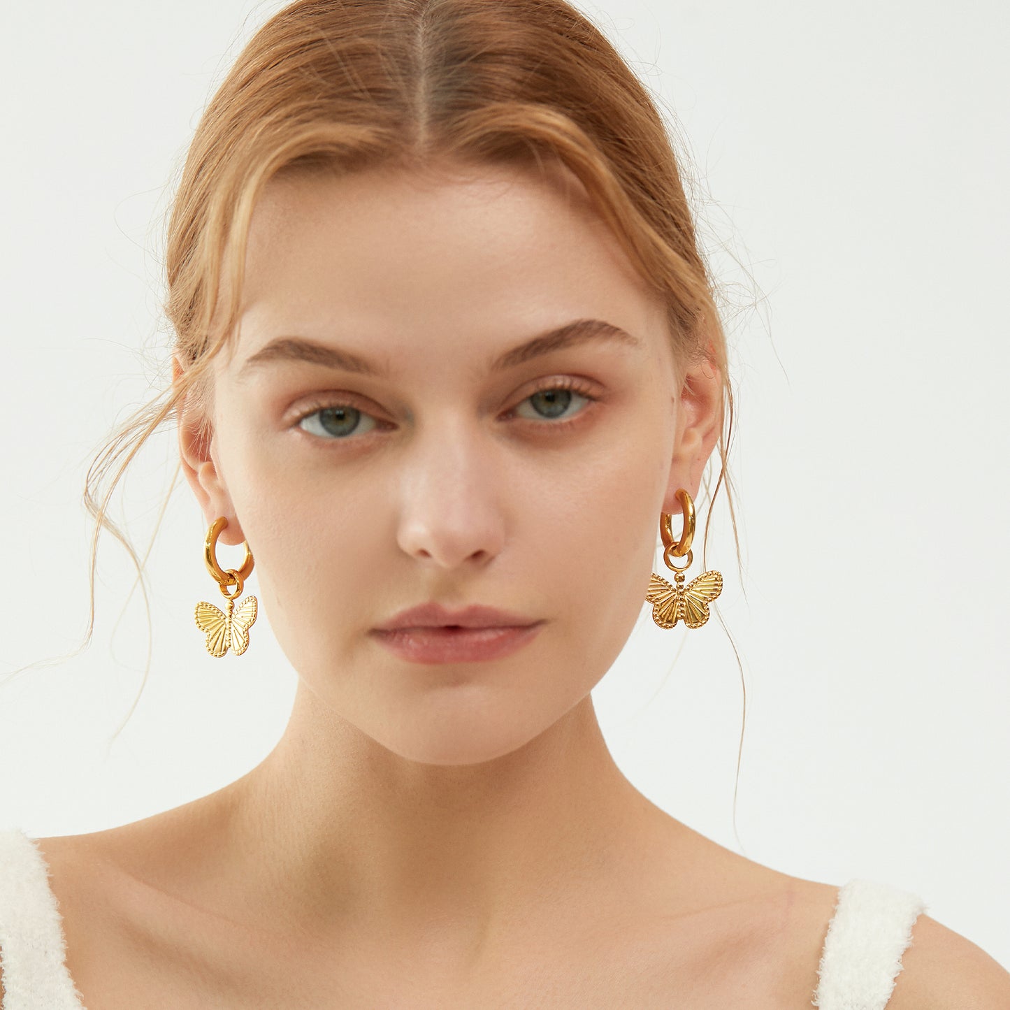 Chunky Gold Textured Butterfly Charm Hoop Earrings