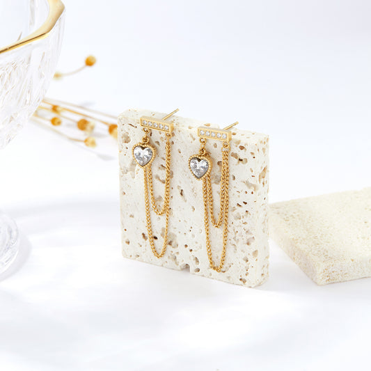 18K Gold CZ Heart Chain Dangle Drop Earrings