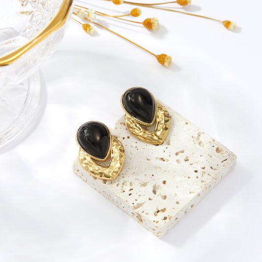Textured Gold Black Teardrop Chunky Statement Earrings