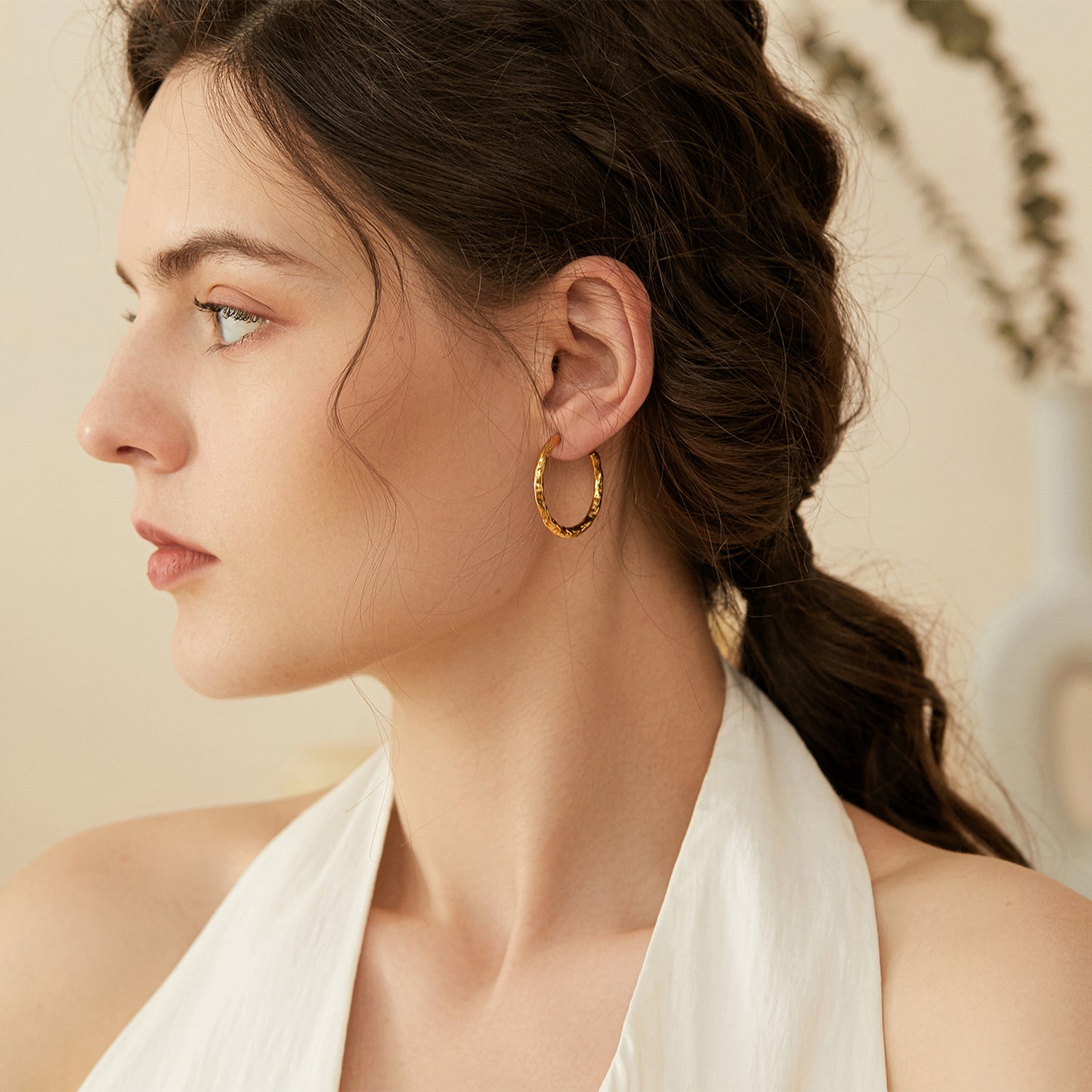 Textured Hammered Gold Open Hoop Earrings