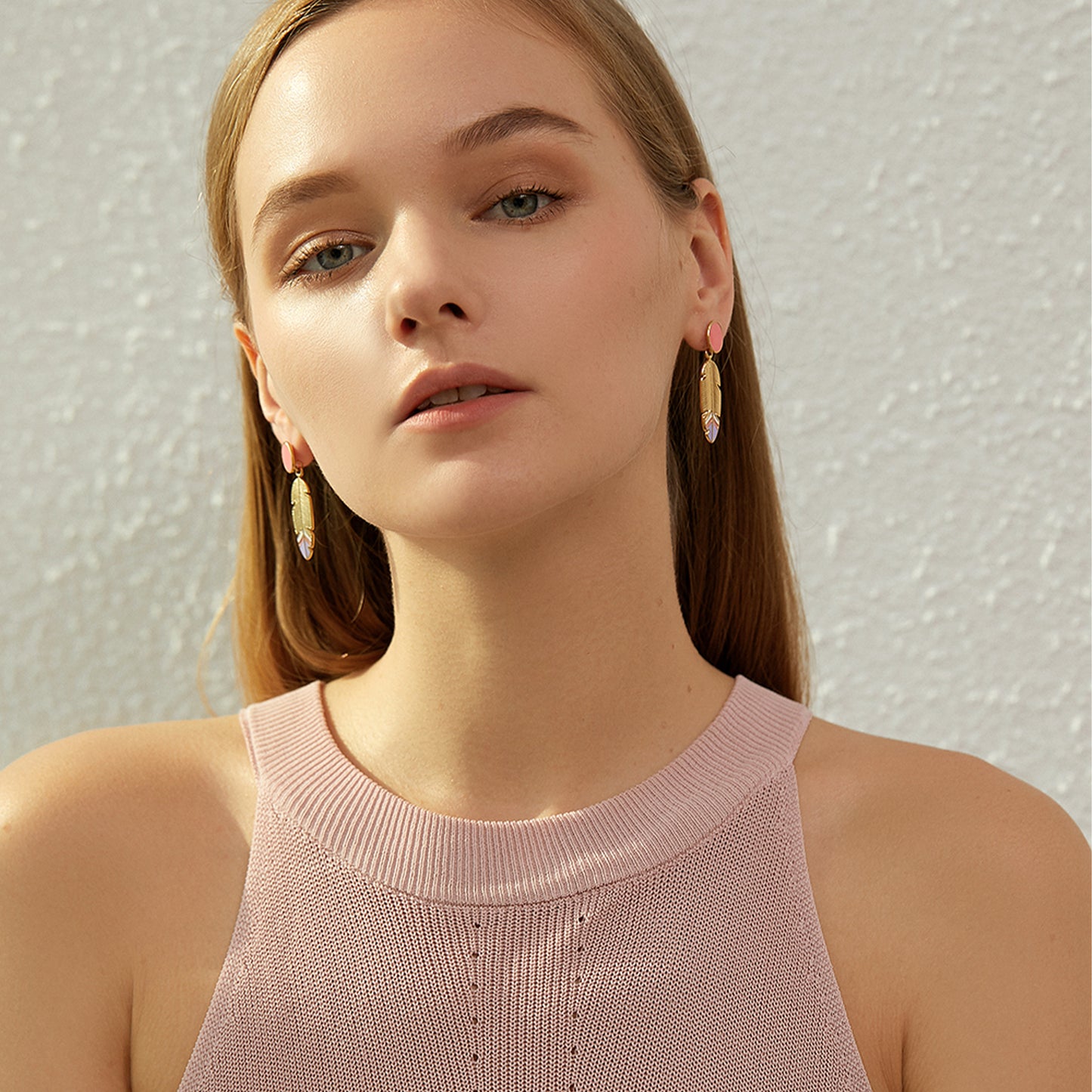 Boho Gold Pastel Enamel Feather Drop Earrings