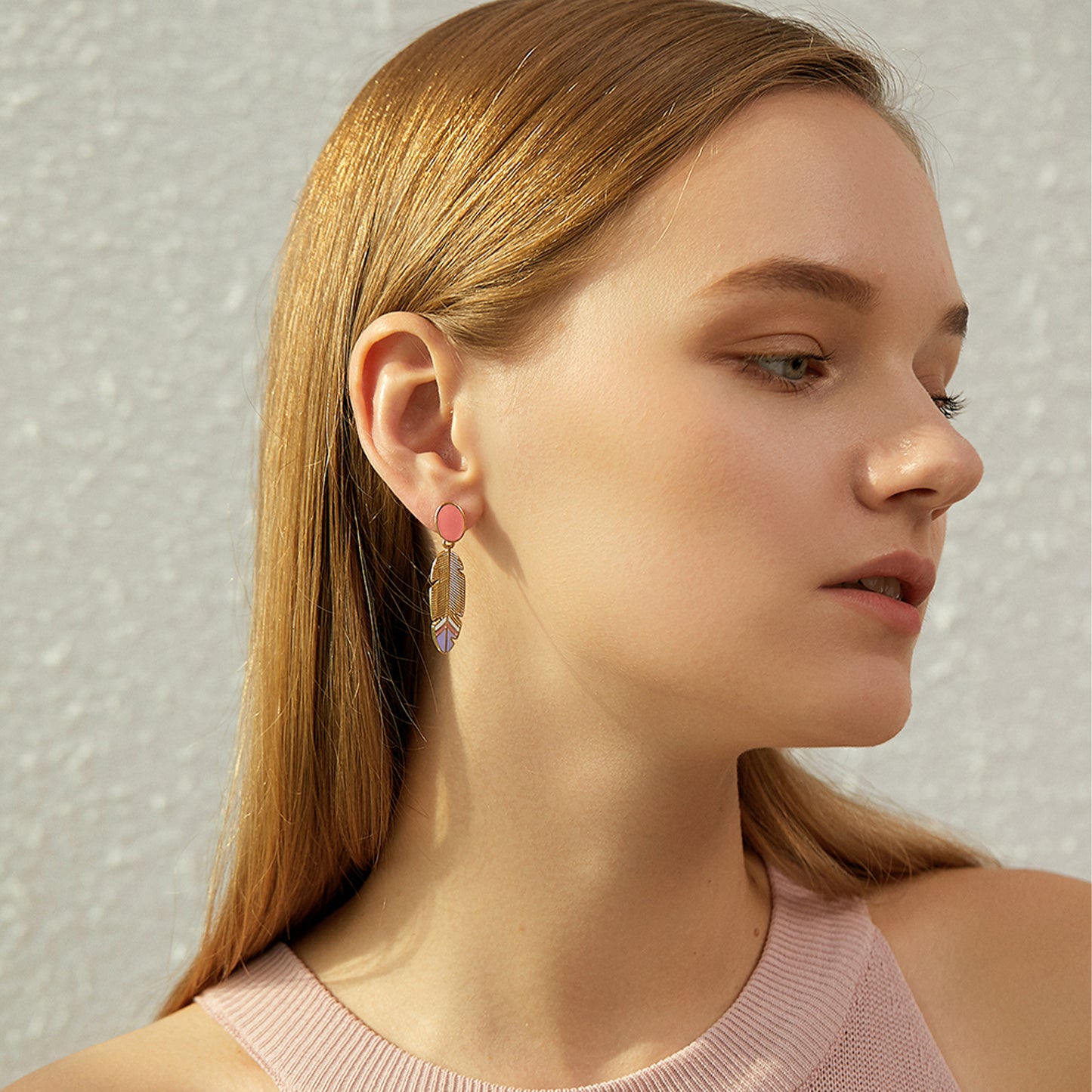 Boho Gold Pastel Enamel Feather Drop Earrings