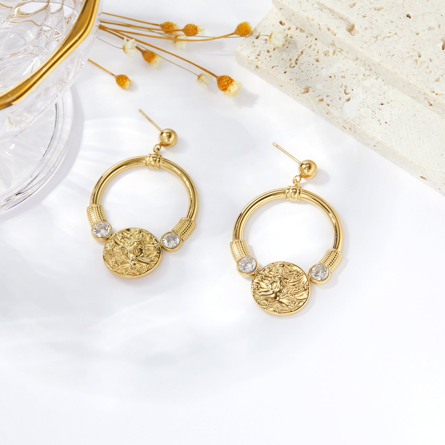 Embossed Gold Medallion Crystal Hoop Drop Earrings