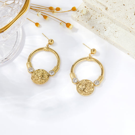 Embossed Gold Medallion Crystal Hoop Drop Earrings
