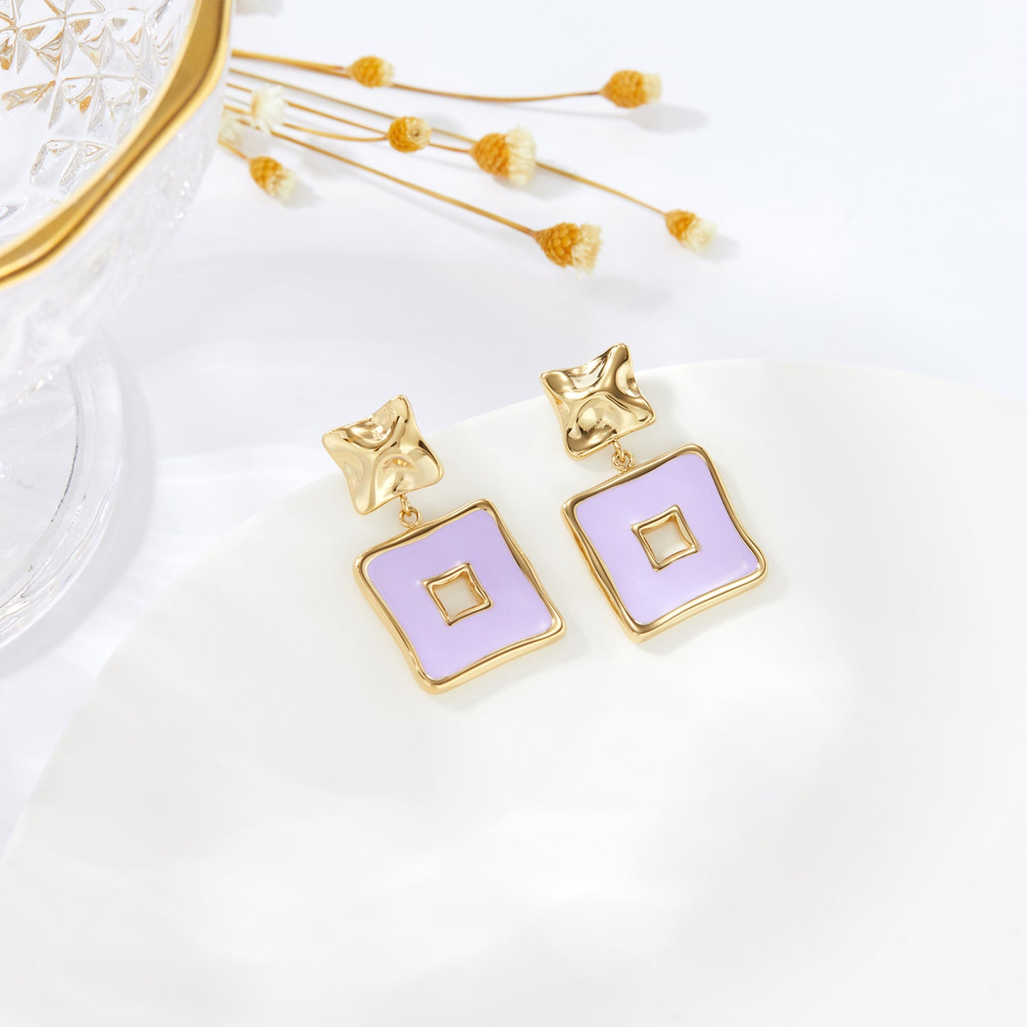 Gold Plated Lilac Enamel Geometric Square Drop Earrings
