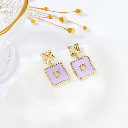 Gold Plated Lilac Enamel Geometric Square Drop Earrings