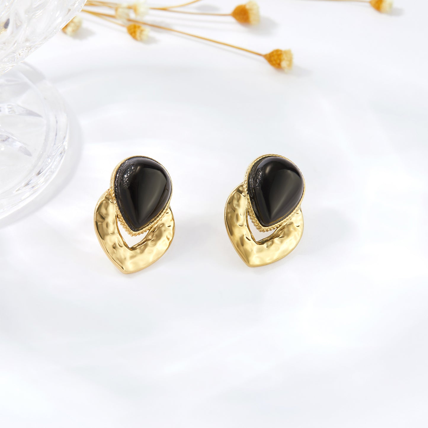 Textured Gold Black Teardrop Chunky Statement Earrings