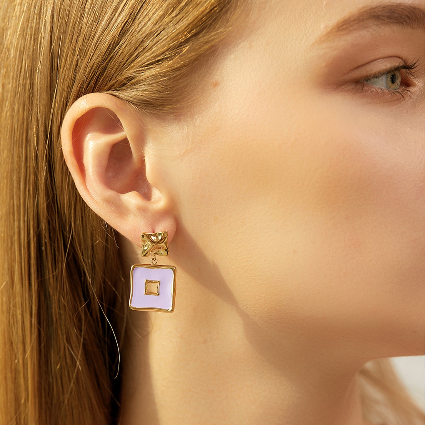Gold Plated Lilac Enamel Geometric Square Drop Earrings