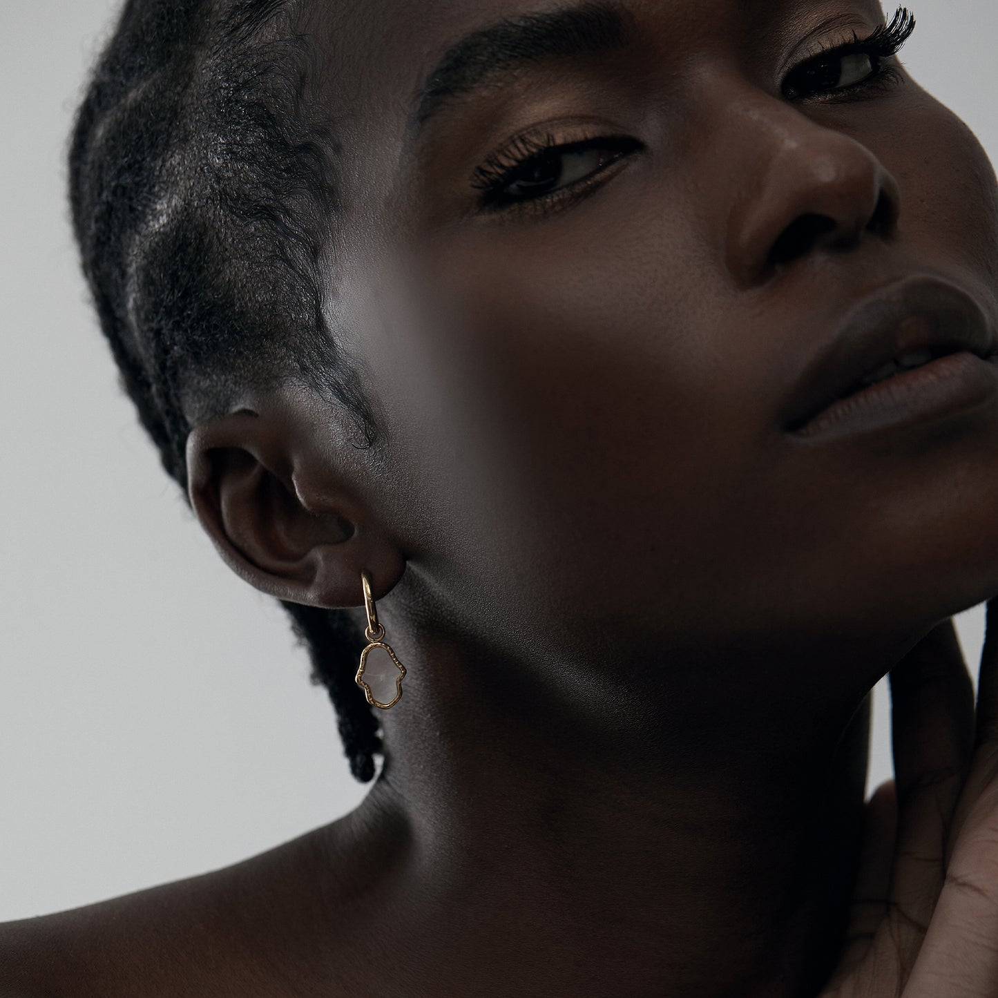 Gold Mother of Pearl Hamsa Drop Huggie Earrings