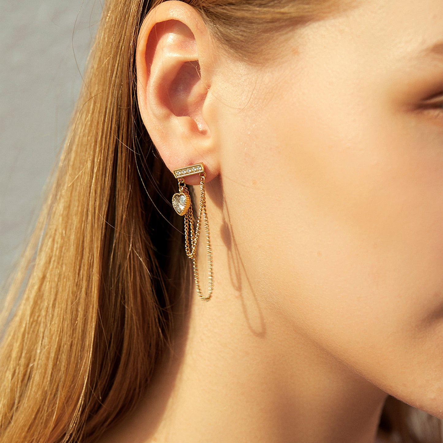 18K Gold CZ Heart Chain Dangle Drop Earrings