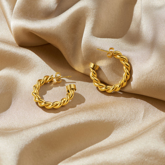 Chunky Gold Twisted Rope Open Hoop Earrings