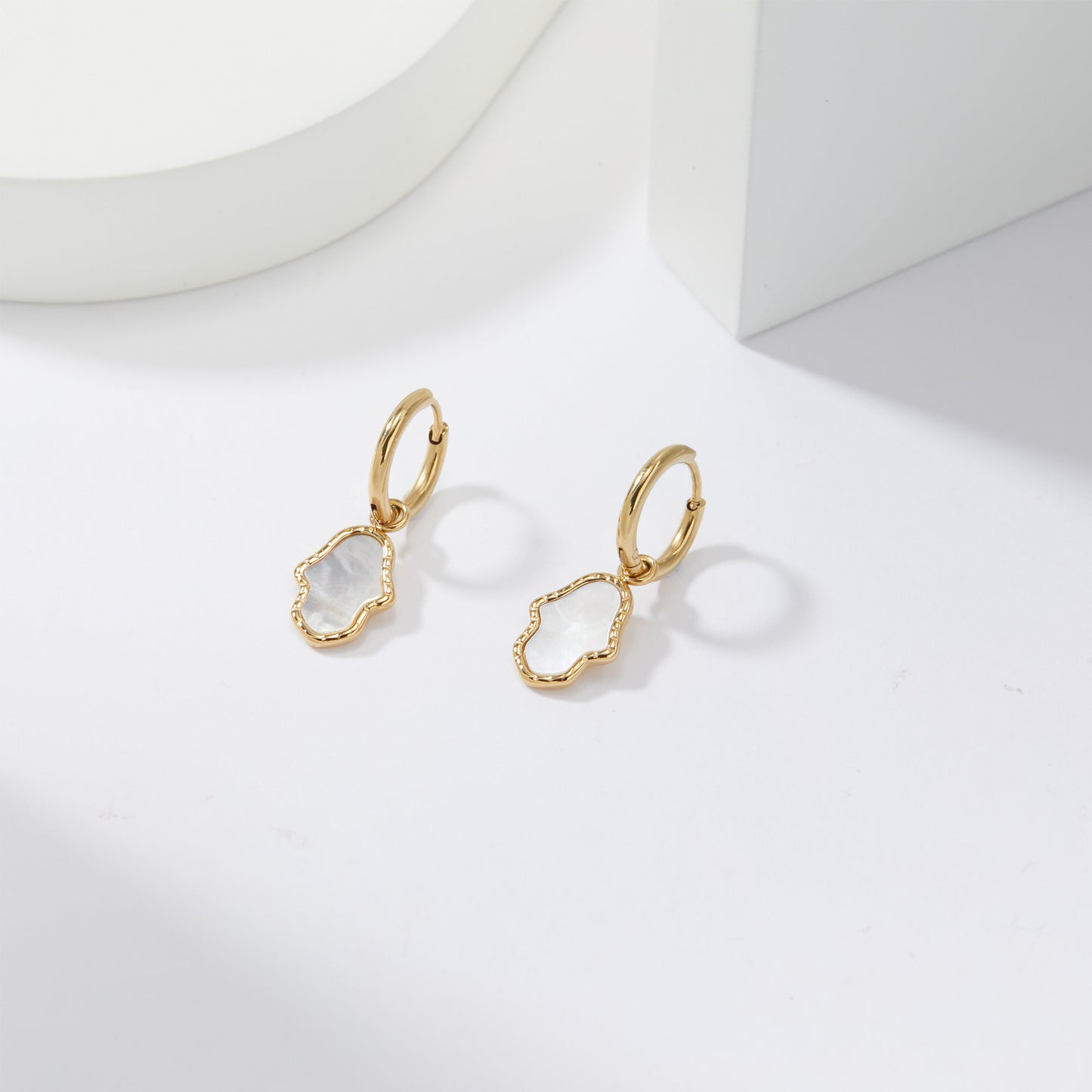 Gold Mother of Pearl Hamsa Drop Huggie Earrings