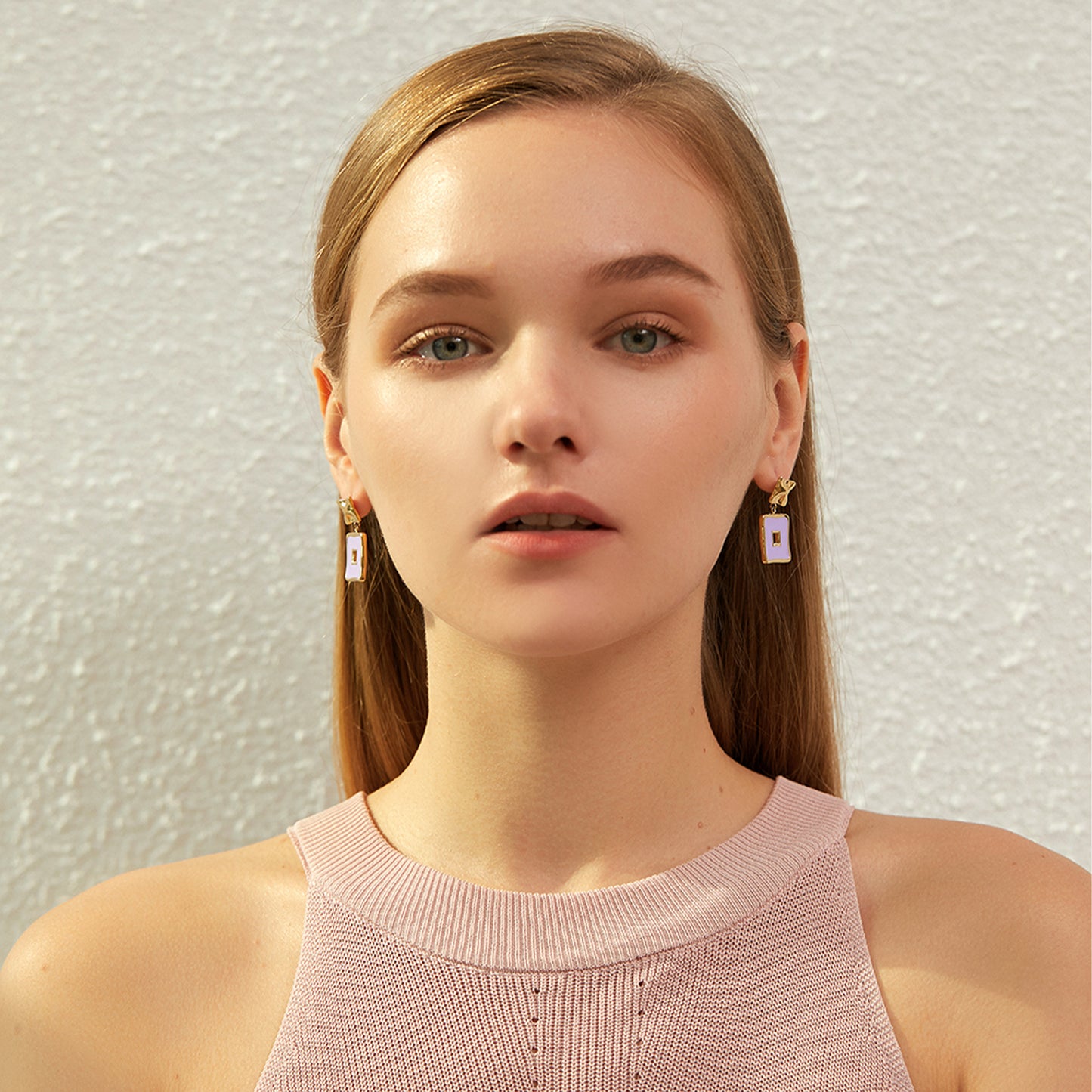 Gold Plated Lilac Enamel Geometric Square Drop Earrings