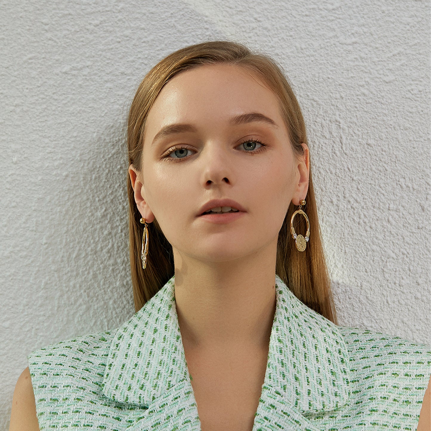 Embossed Gold Medallion Crystal Hoop Drop Earrings