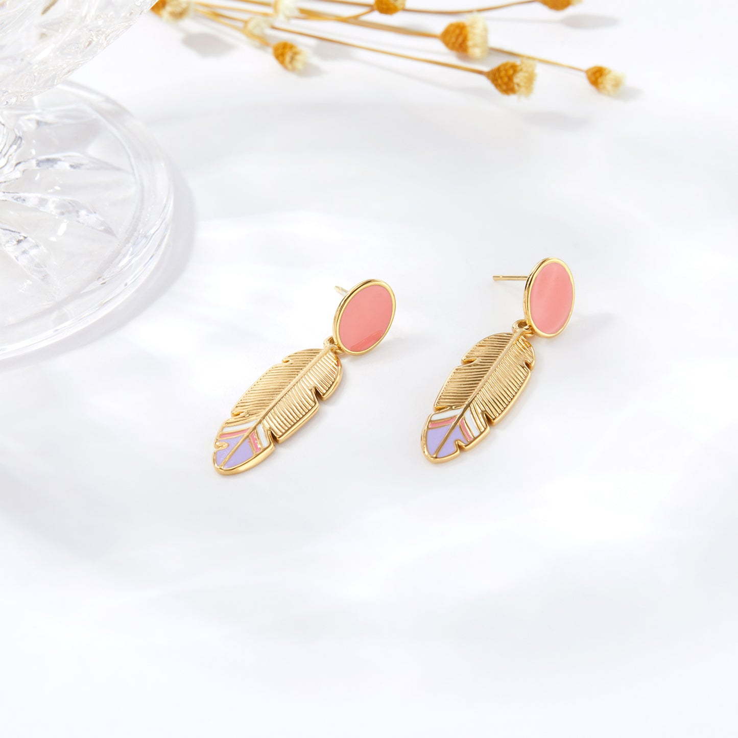 Boho Gold Pastel Enamel Feather Drop Earrings