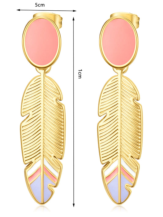 Boho Gold Pastel Enamel Feather Drop Earrings