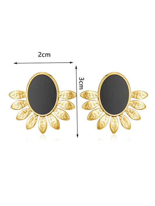 Vintage Gold Textured Sunburst Black Oval Stud Earrings