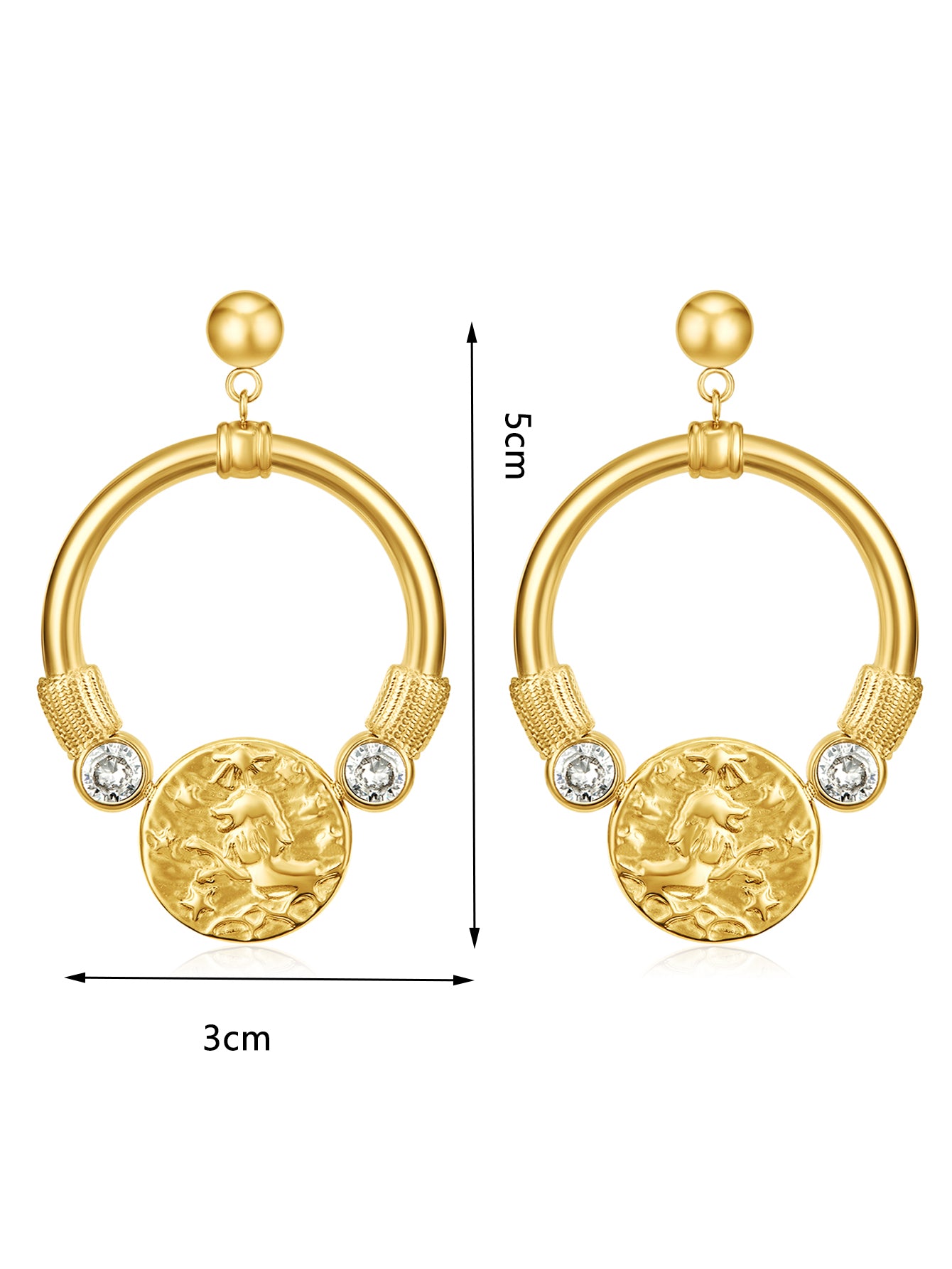 Embossed Gold Medallion Crystal Hoop Drop Earrings