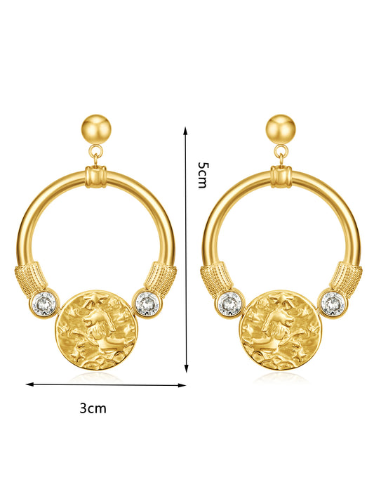 Embossed Gold Medallion Crystal Hoop Drop Earrings