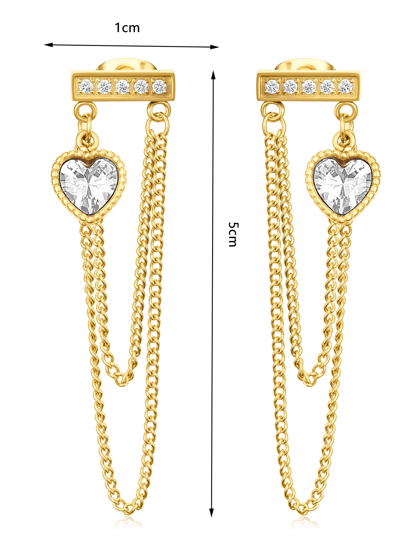 18K Gold CZ Heart Chain Dangle Drop Earrings