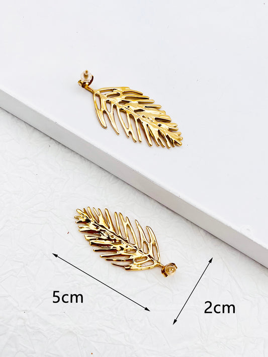 Large Gold Tropical Palm Leaf Stud Earrings