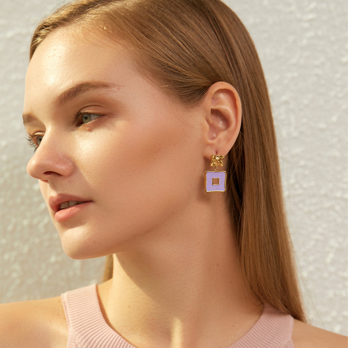 Gold Plated Lilac Enamel Geometric Square Drop Earrings