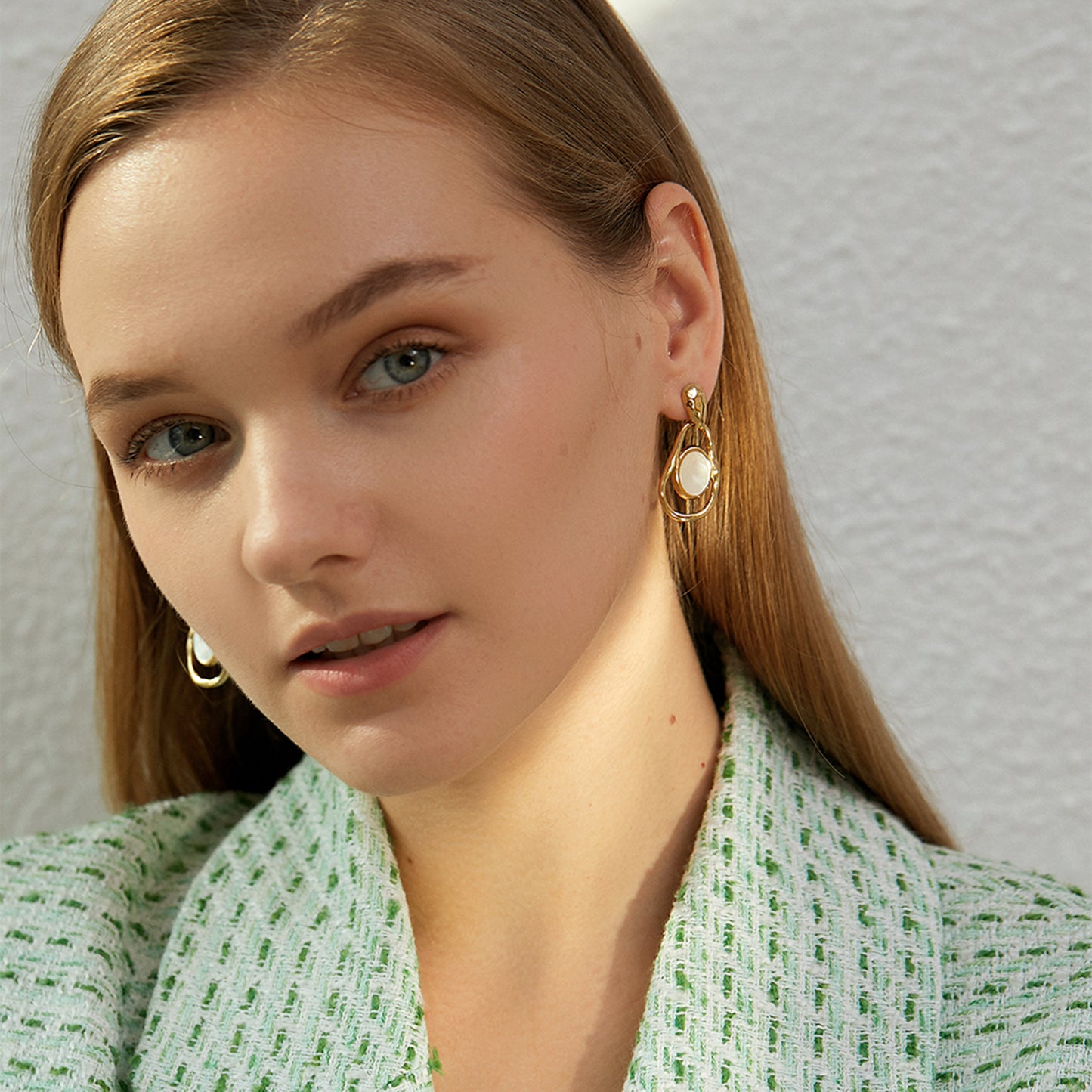 Organic Hammered Gold Mother of Pearl Drop Earrings