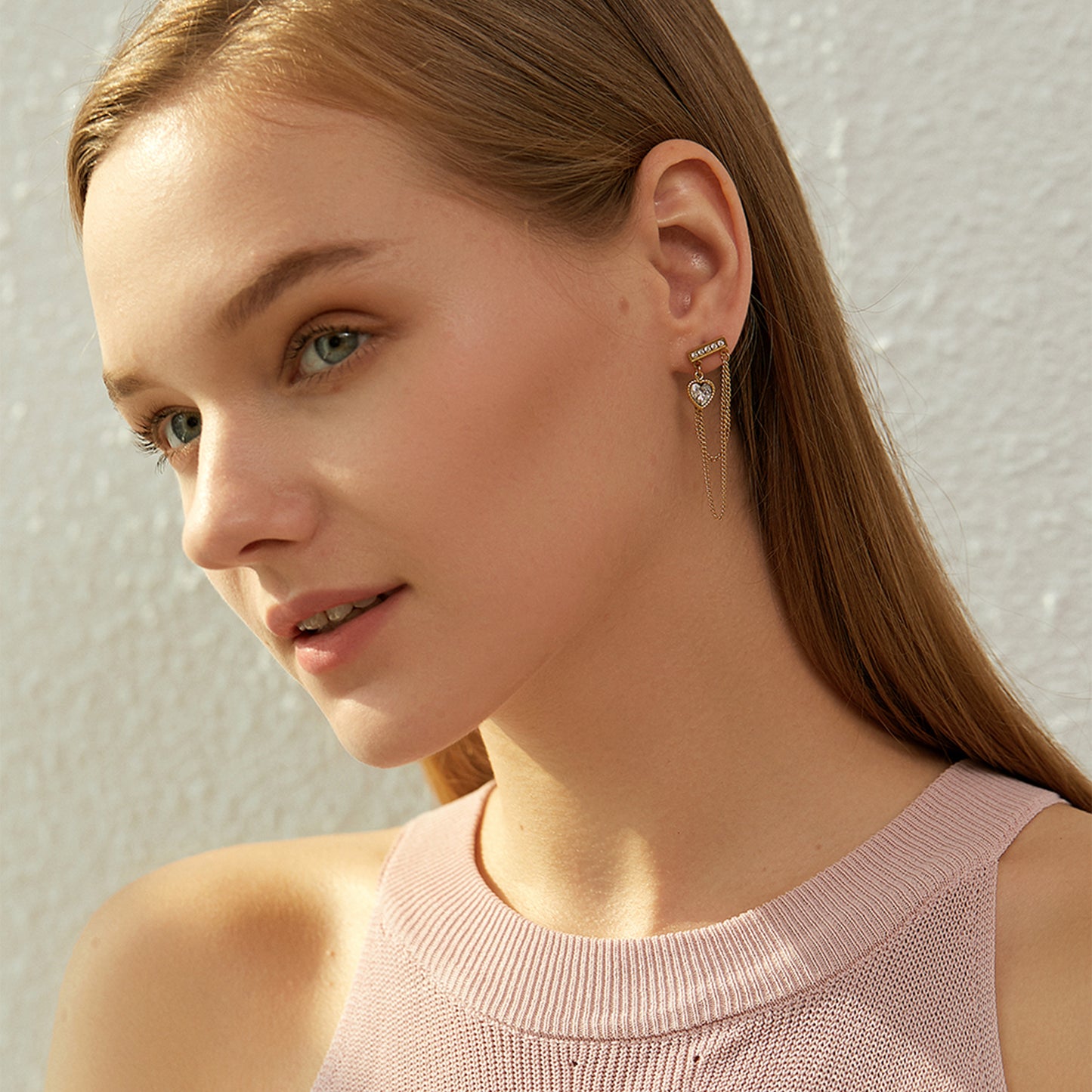 18K Gold CZ Heart Chain Dangle Drop Earrings