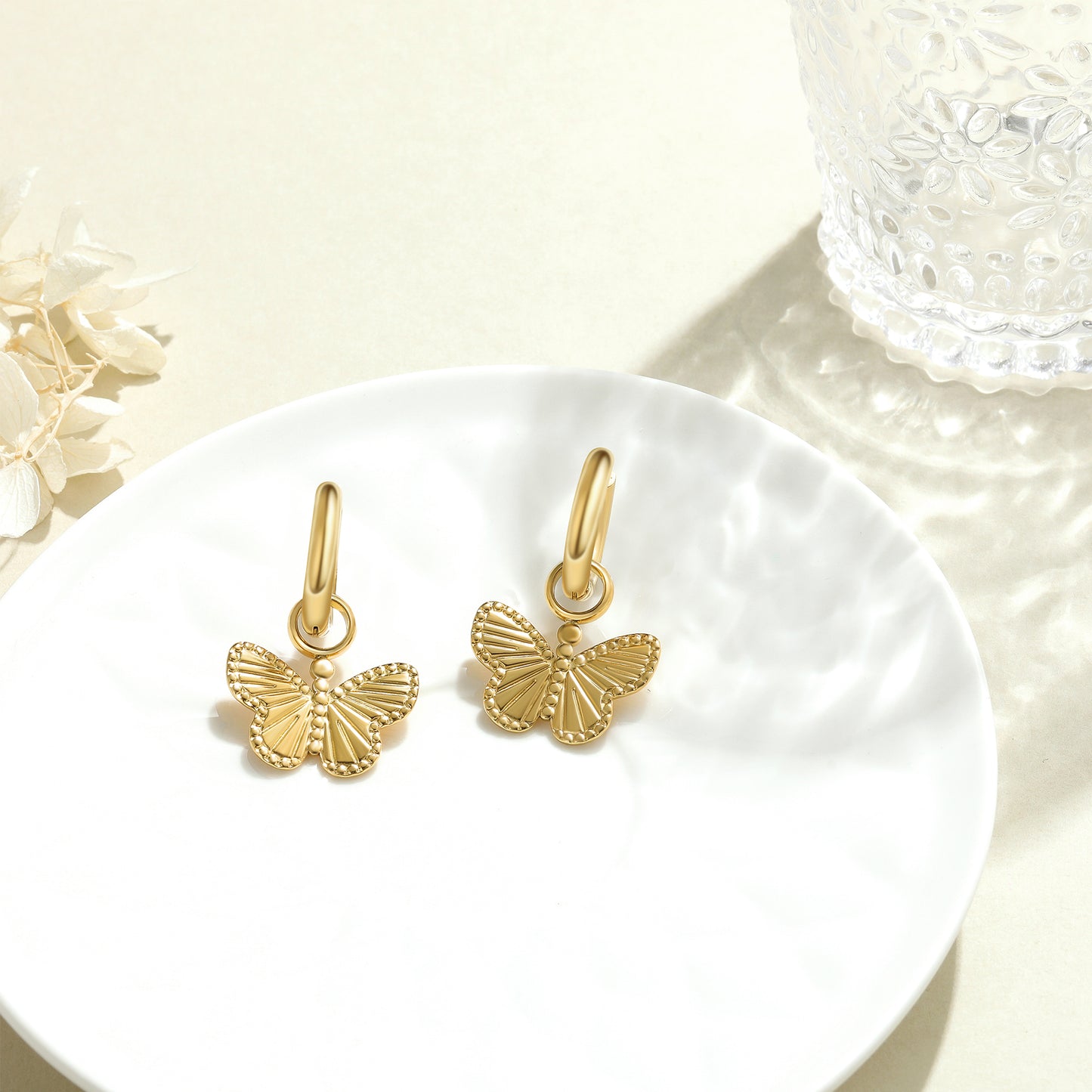 Chunky Gold Textured Butterfly Charm Hoop Earrings