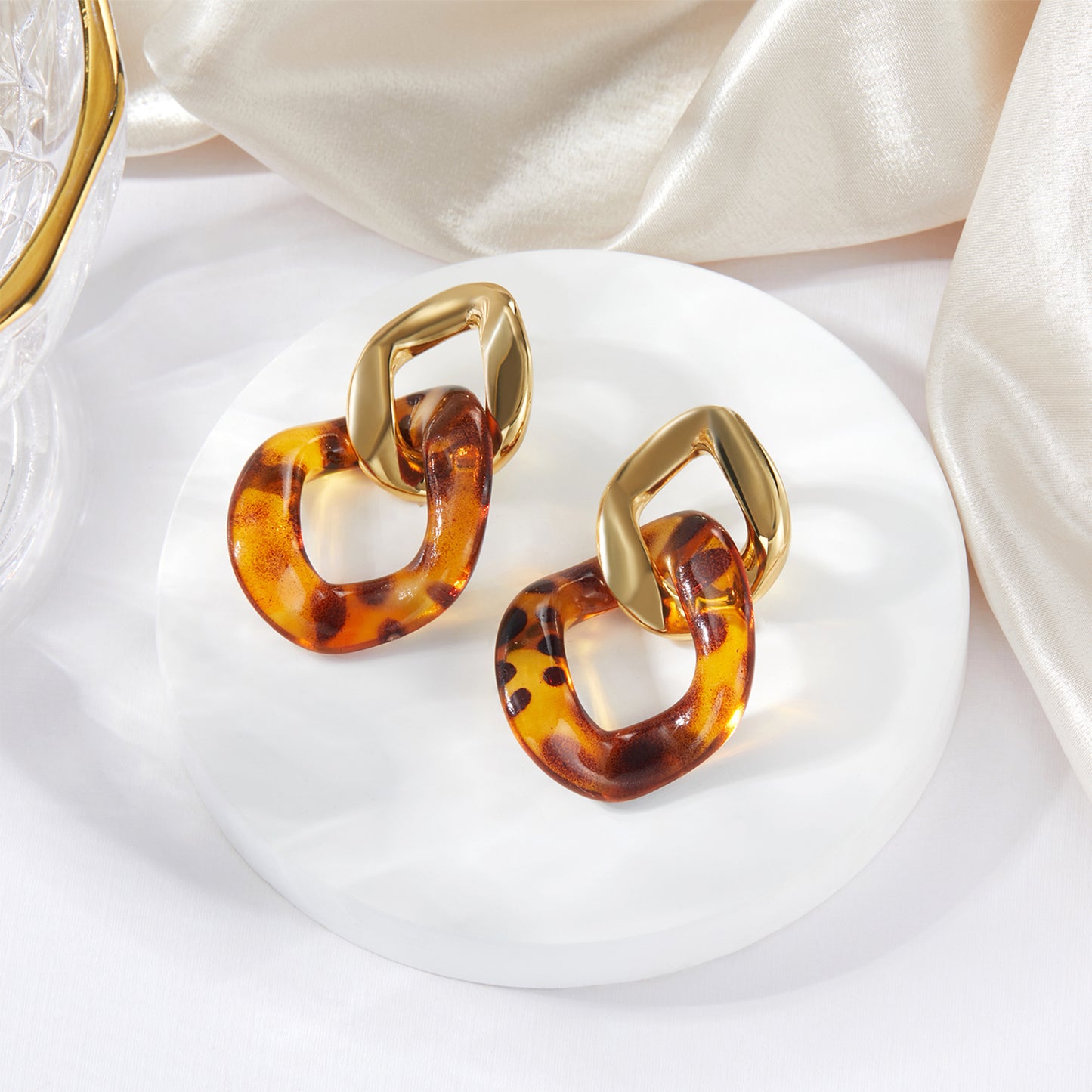 14K Gold Plated Leopard Resin Link Drop Earrings