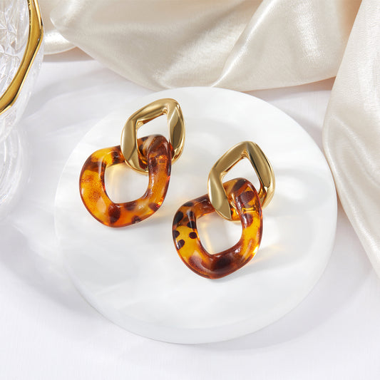 14K Gold Plated Leopard Resin Link Drop Earrings