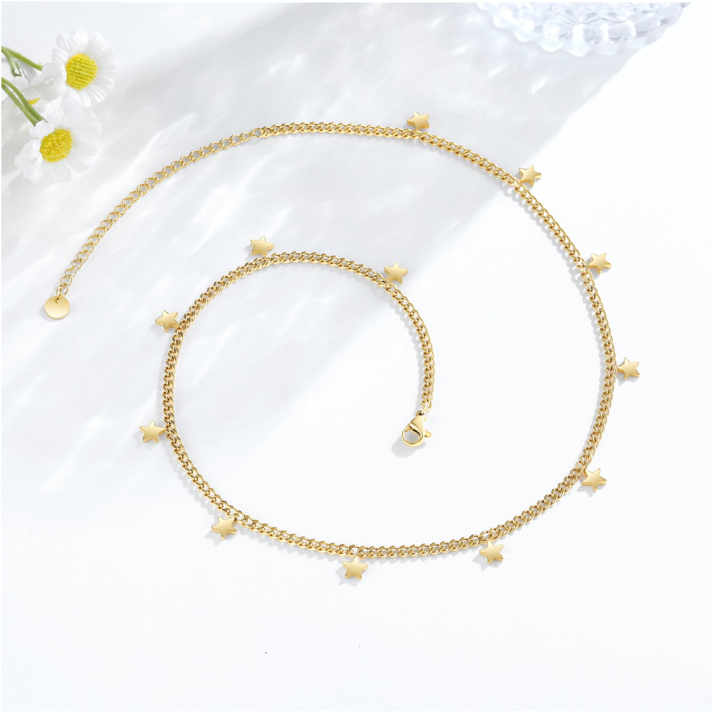 Celestial Gold Star Charm Layering Curb Chain Necklace