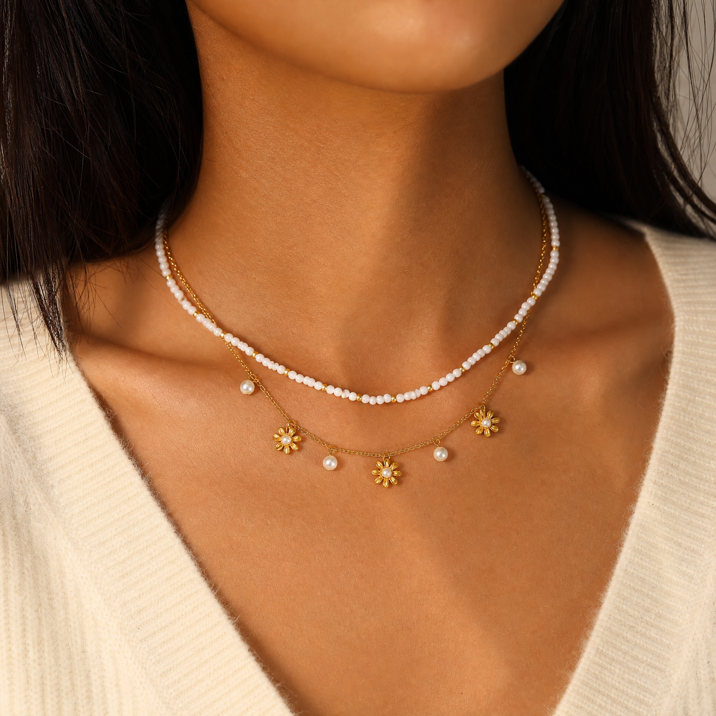 18K Gold Plated Daisy Pearl Dainty Layering Necklace