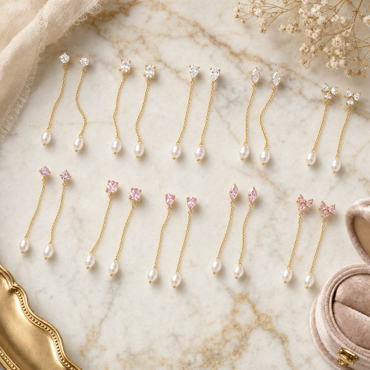 Stone & Pearl Chain Drop Earrings