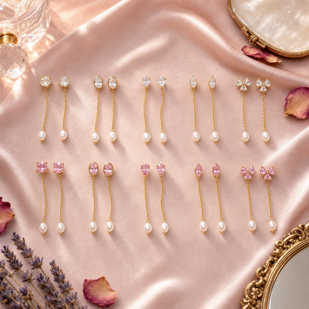 Stone & Pearl Chain Drop Earrings